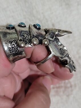 Silver Horse Head Ring Cuff with Blue Accents - Unbranded